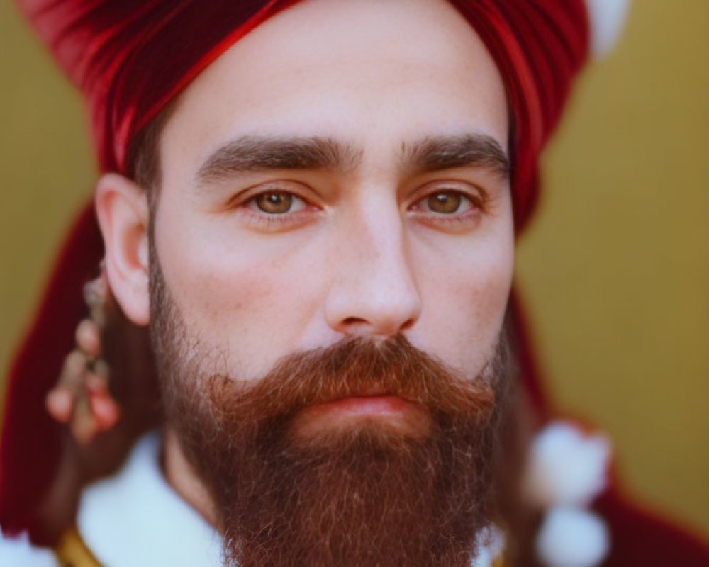 Man with full beard in red turban and Ottoman clothing.