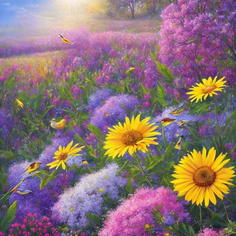 Colorful Field of Blooming Sunflowers, Purple Flora, and Pink Bushes with Birds