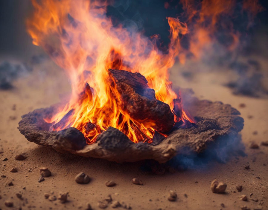 Vibrant campfire flames engulfing wooden logs on sandy, rocky ground