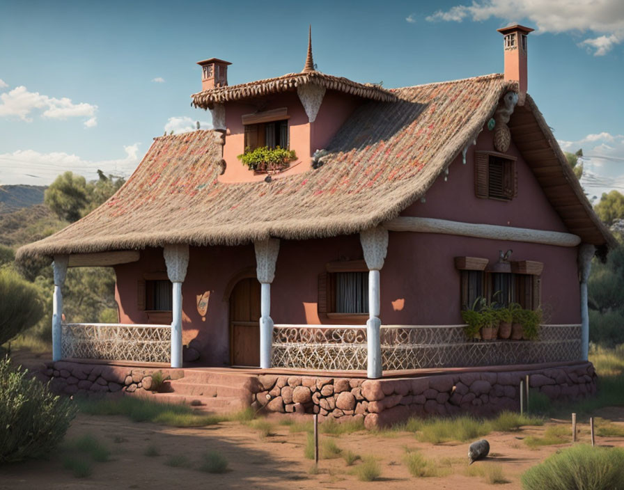 Pink Thatched Roof House with Stone Foundation in Desert Oasis