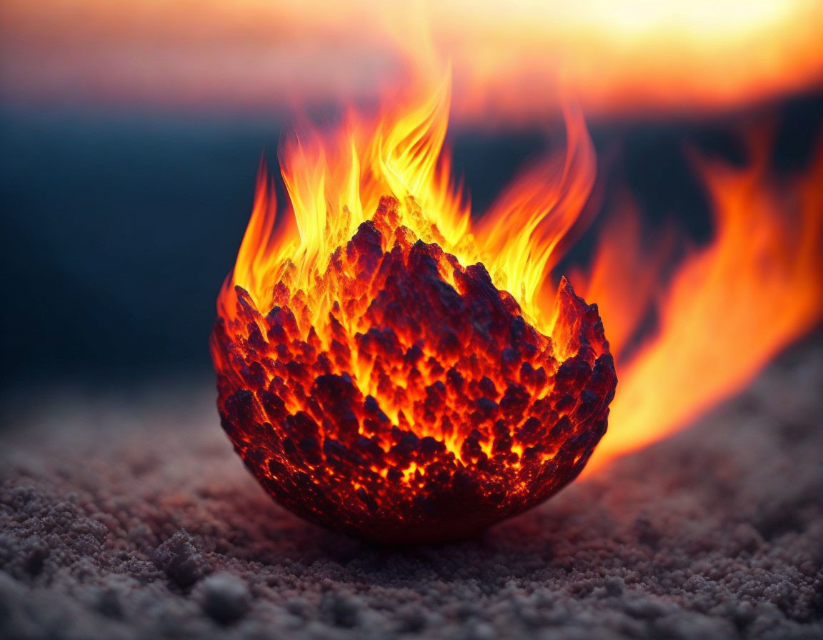 Glowing ember surrounded by flames on sandy ground at twilight