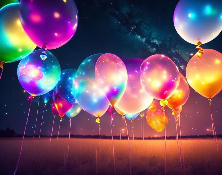 Vibrant illuminated balloons in starry night sky