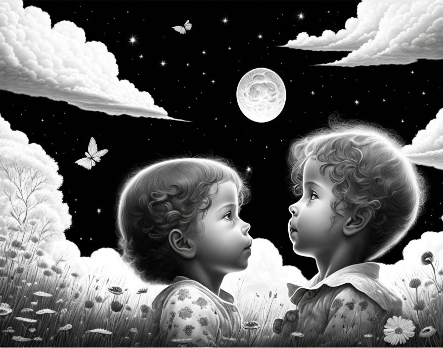 Children gazing in moonlit meadow with stars, butterflies, and flowers