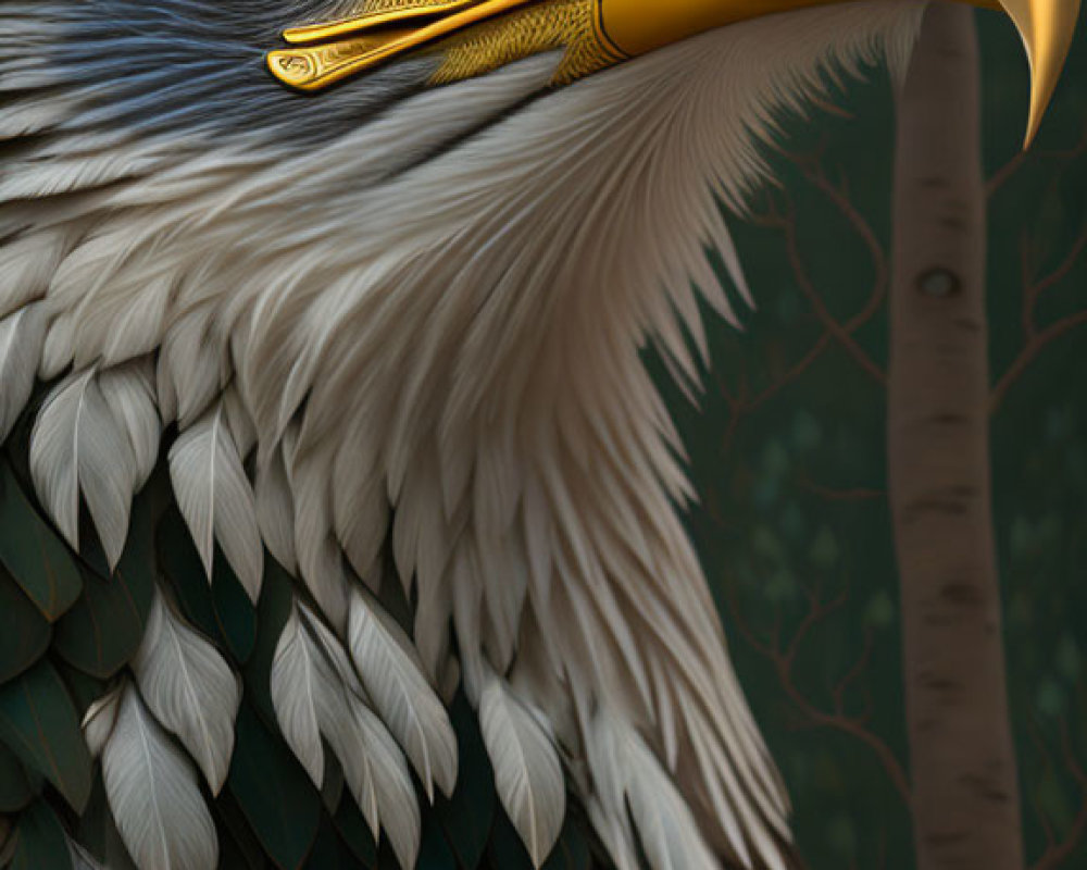 Detailed digital artwork of majestic eagle with golden eye and yellow beak against blurred trees