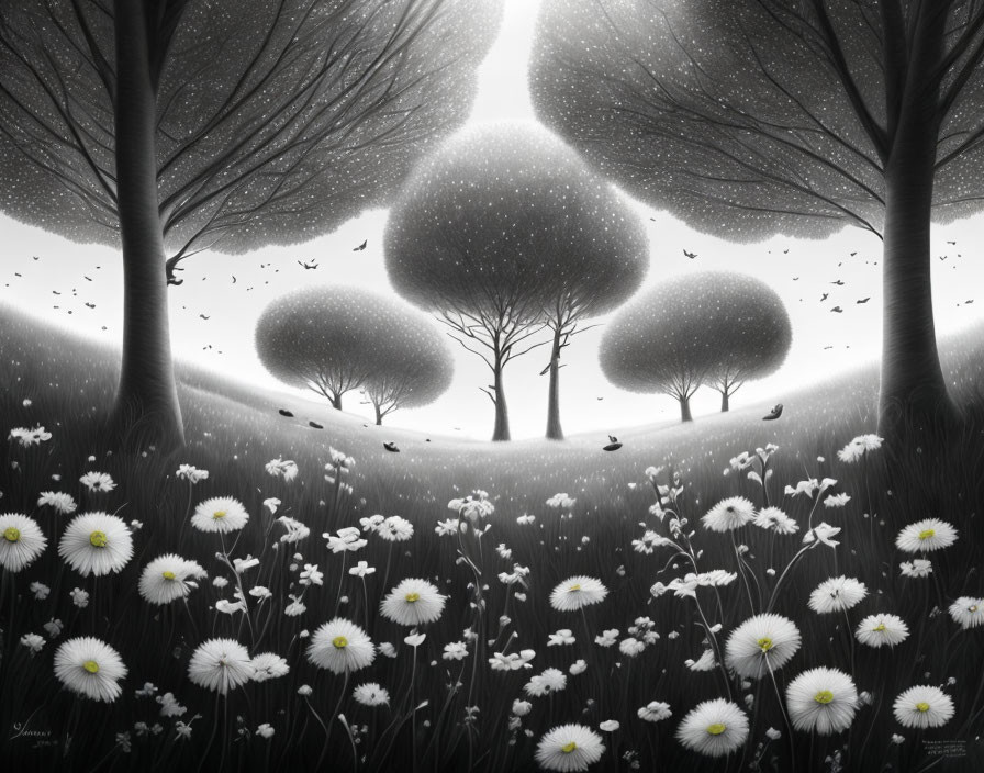 Monochromatic forest with highlighted daisies, silhouetted trees, and birds