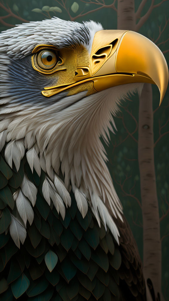 Detailed digital artwork of majestic eagle with golden eye and yellow beak against blurred trees