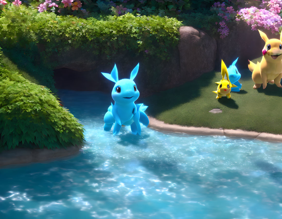 Blue creature with large ears in lush environment by stream with yellow creature.