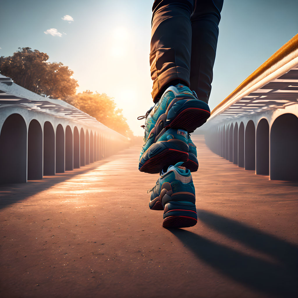 Person walking in sporty shoes along sunlit path with arches and handrail.