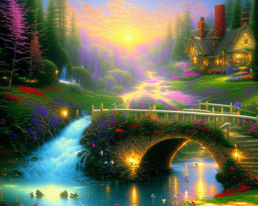 Cottage by Waterfall with Bridge, Stream, Flowers, and Sunset Sky