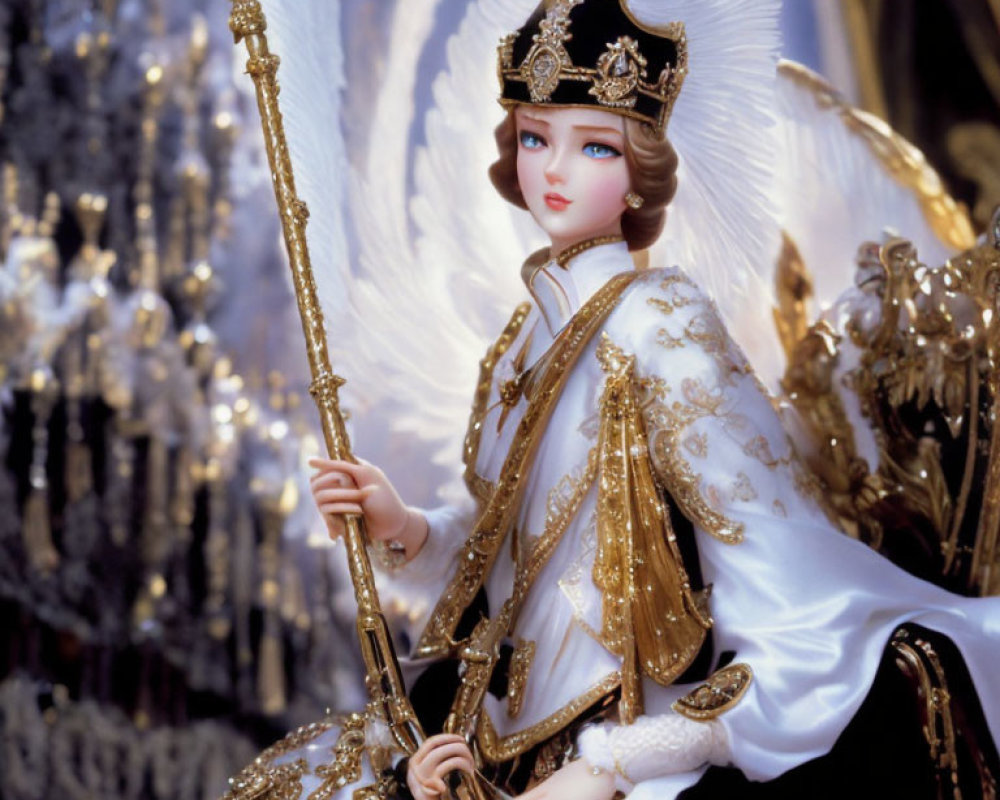 Porcelain doll in white and gold costume with feathered headdress