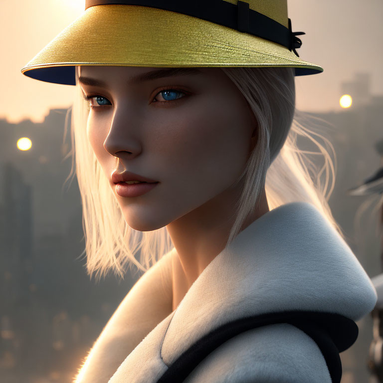 Digital portrait of woman with pale blue eyes in yellow hat and white coat against cityscape at sunset