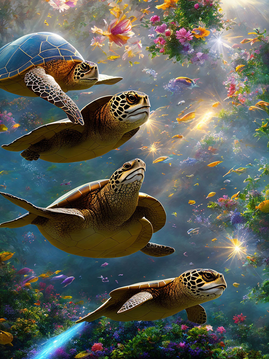 Sea Turtles Swimming Among Colorful Coral and Fish in Sunlit Underwater Scene