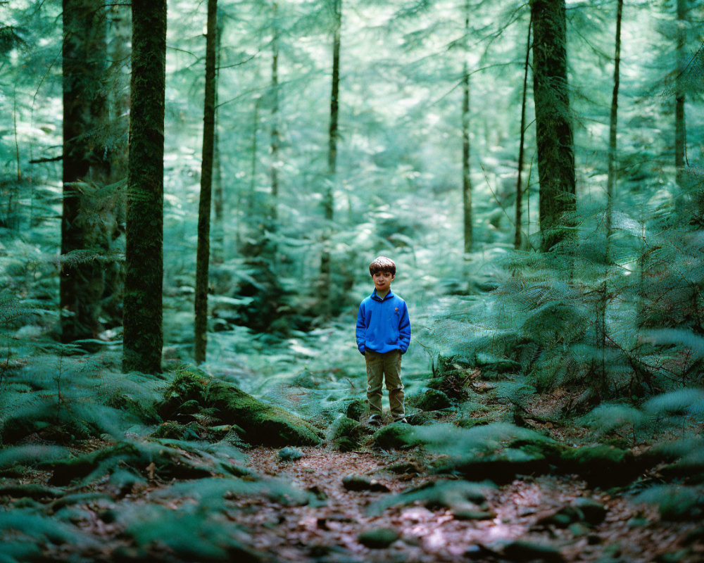 Child in Blue Jacket Standing Among Green Ferns in Serene Forest