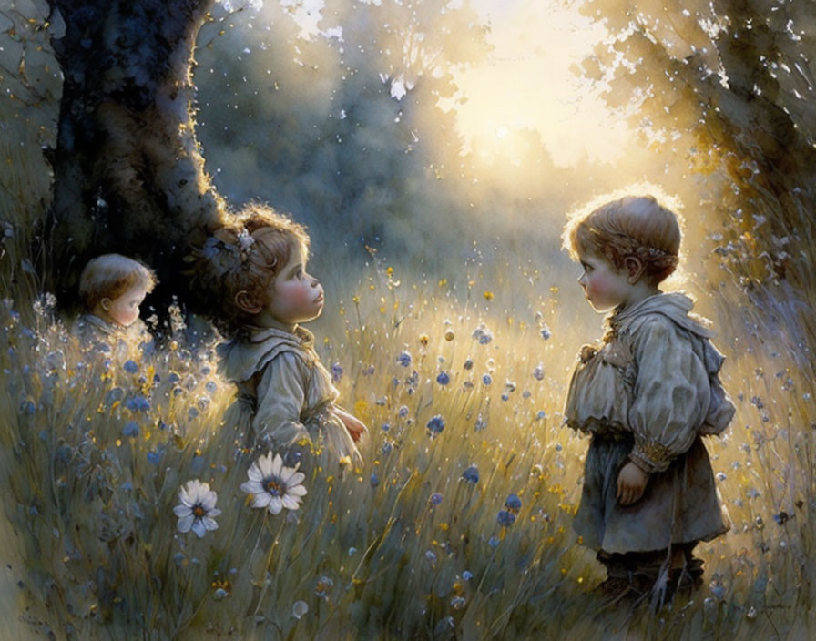 Children in enchanted forest with sunlight and wildflowers