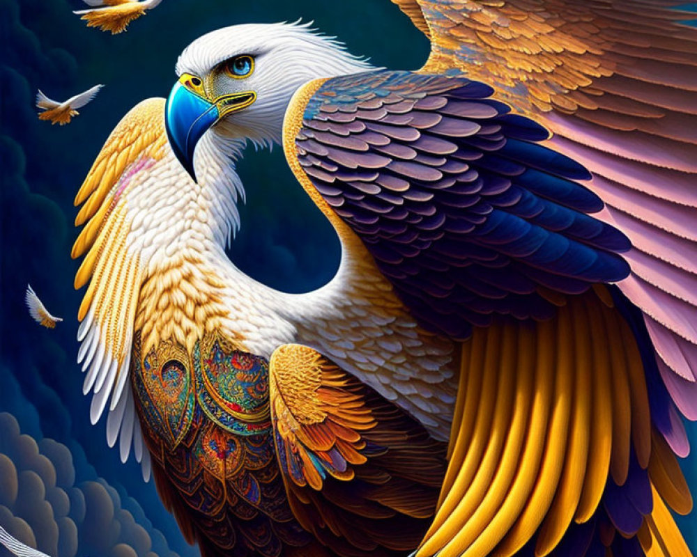 Colorful Eagle Flying Among Clouds with Feather Details