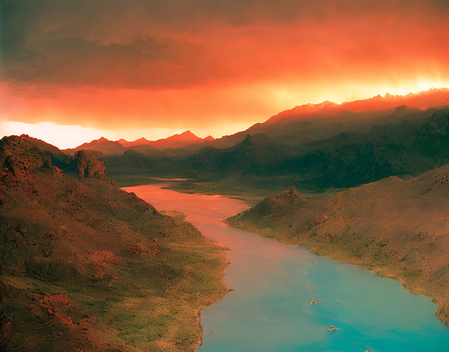 Vibrant red sunset over rugged landscape with winding river and mountains.