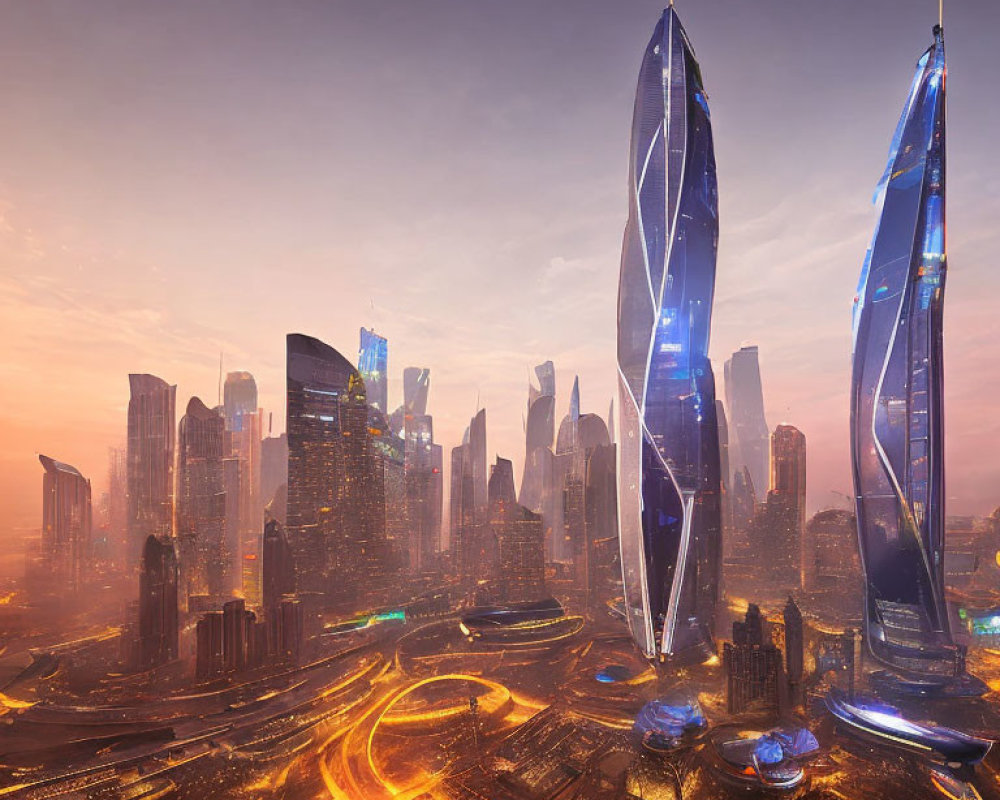 Futuristic cityscape with glowing skyscrapers and flying vehicles at dusk