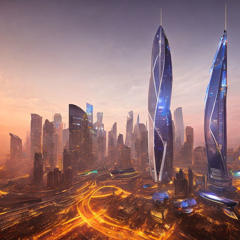 Futuristic cityscape with glowing skyscrapers and flying vehicles at dusk