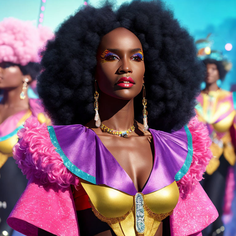 Colorful Woman in Vibrant Costume with Afro and Makeup