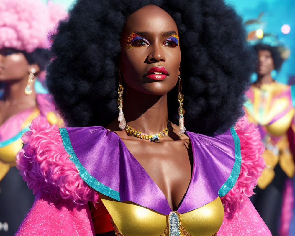 Colorful Woman in Vibrant Costume with Afro and Makeup