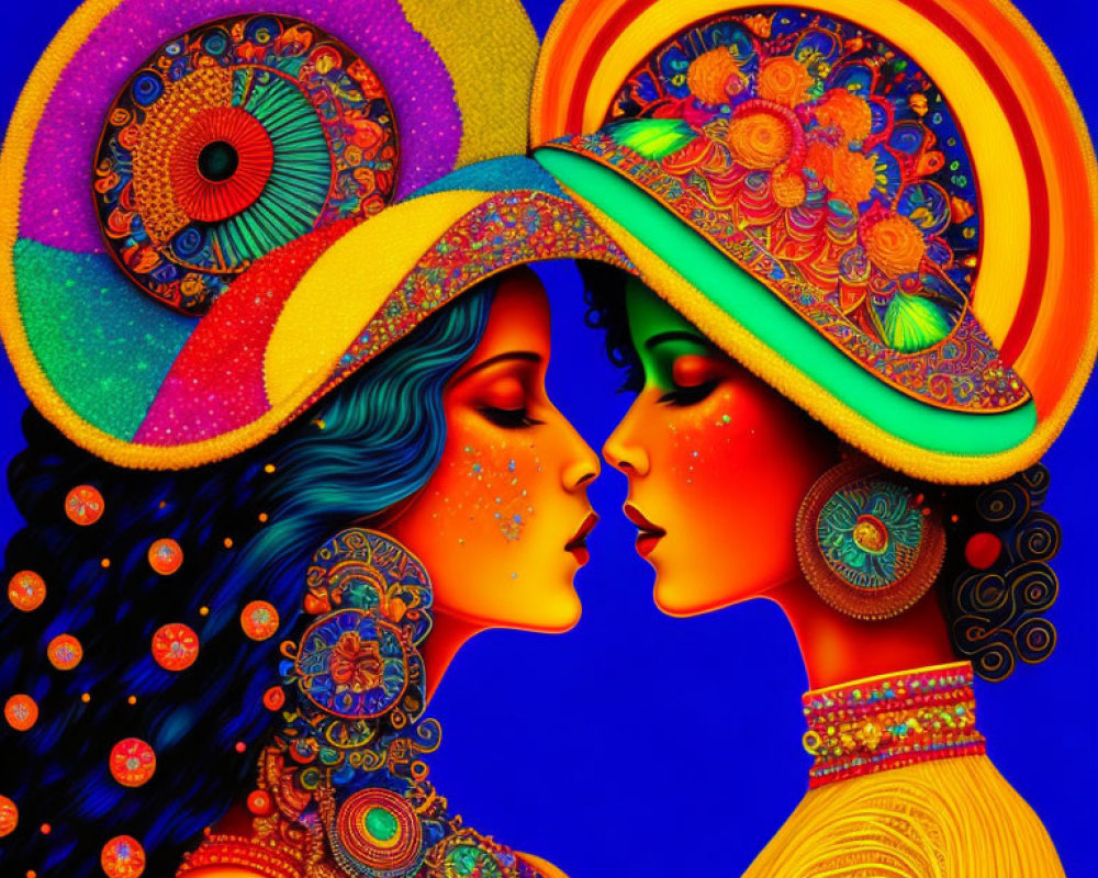 Two women with ornate hats and jewelry in vibrant colors on a blue background with psychedelic patterns