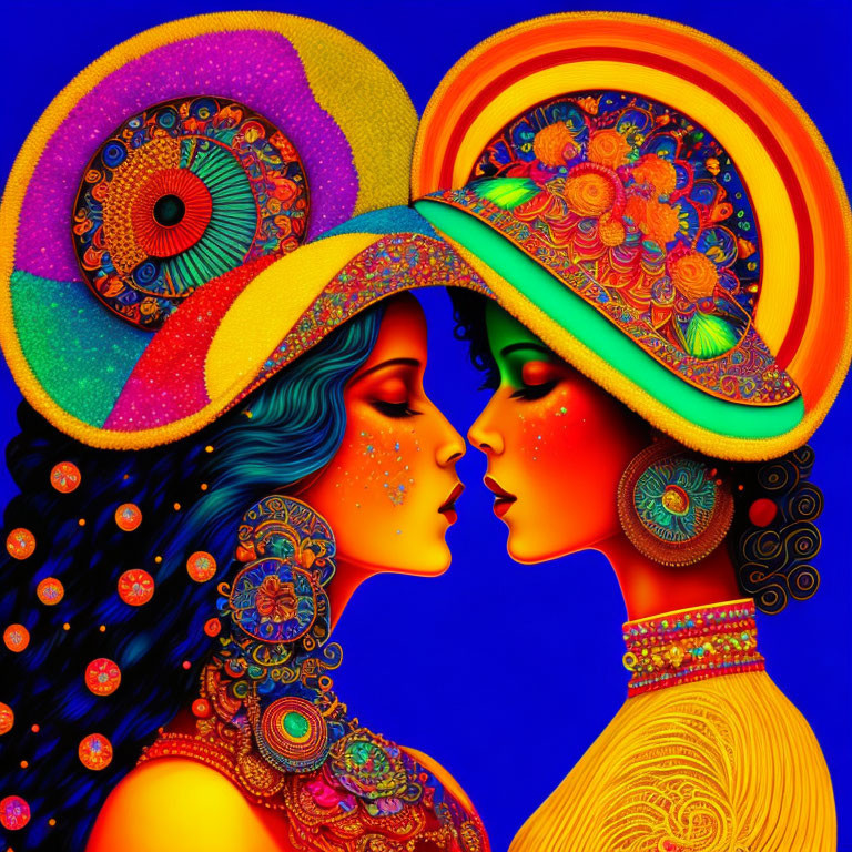 Two women with ornate hats and jewelry in vibrant colors on a blue background with psychedelic patterns