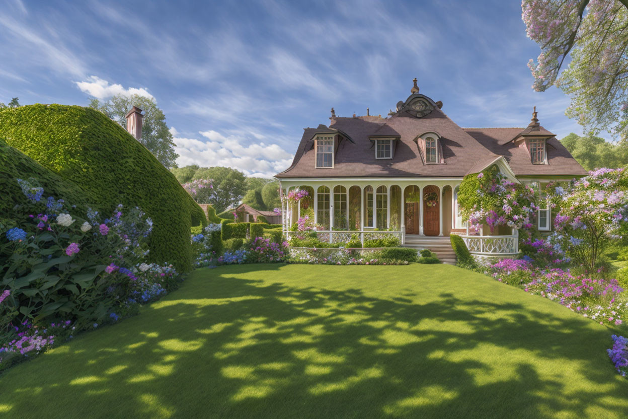 Charming house with white picket fence in lush garden