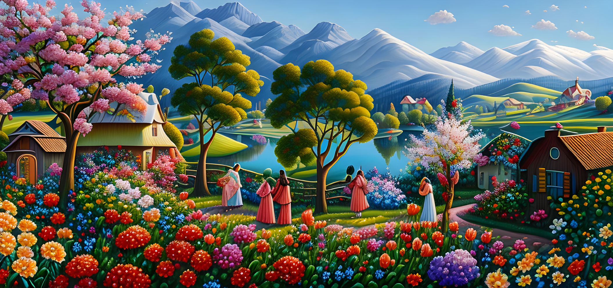 Colorful Landscape with People in Traditional Dress, Blooming Trees, Flower Gardens, Houses, and Mountains