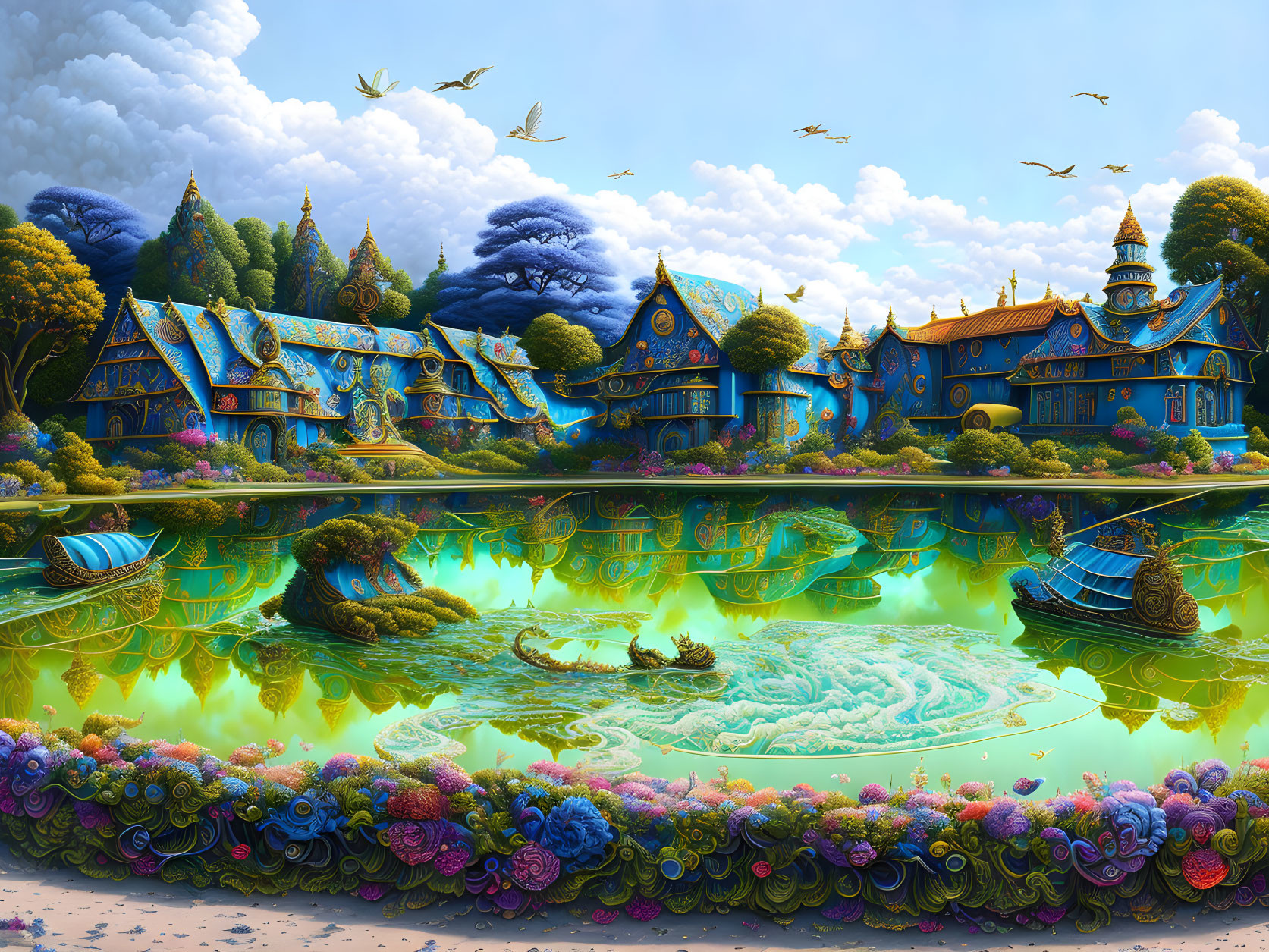 Colorful Fantasy Landscape with Blue Houses, Lake, Trees, and Boats