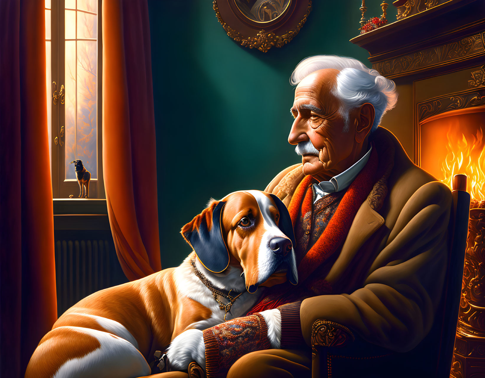 Elderly man with white hair embraces dog by fireplace