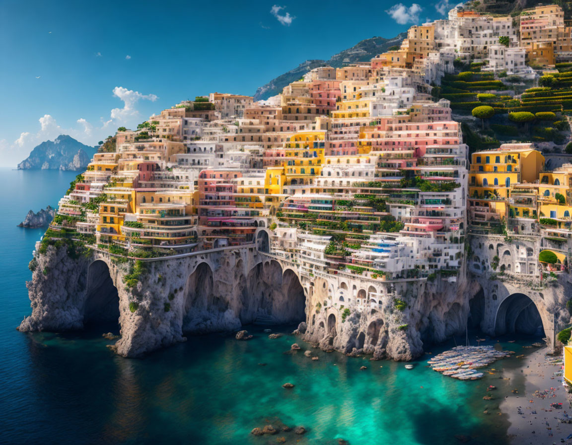 Picturesque Italian Coastal Village with Colorful Buildings and Arched Bridge