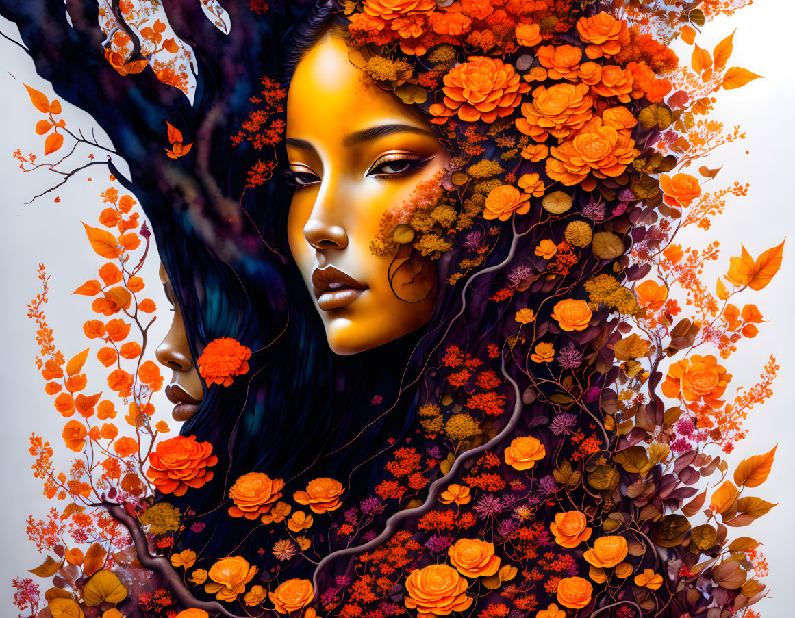 Woman with Floral Hair: Nature-Inspired Artwork