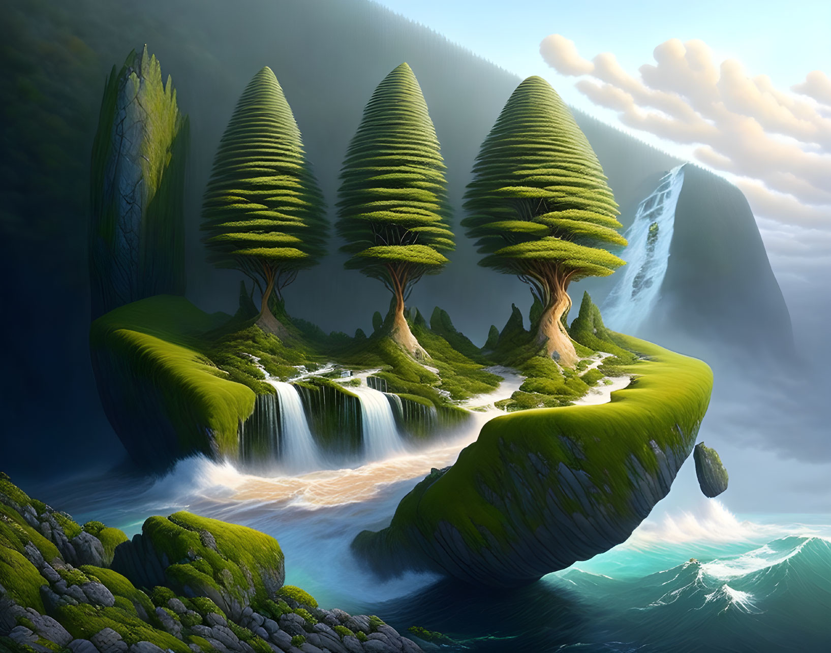 Fantastical landscape with floating tree-shaped islands and waterfalls