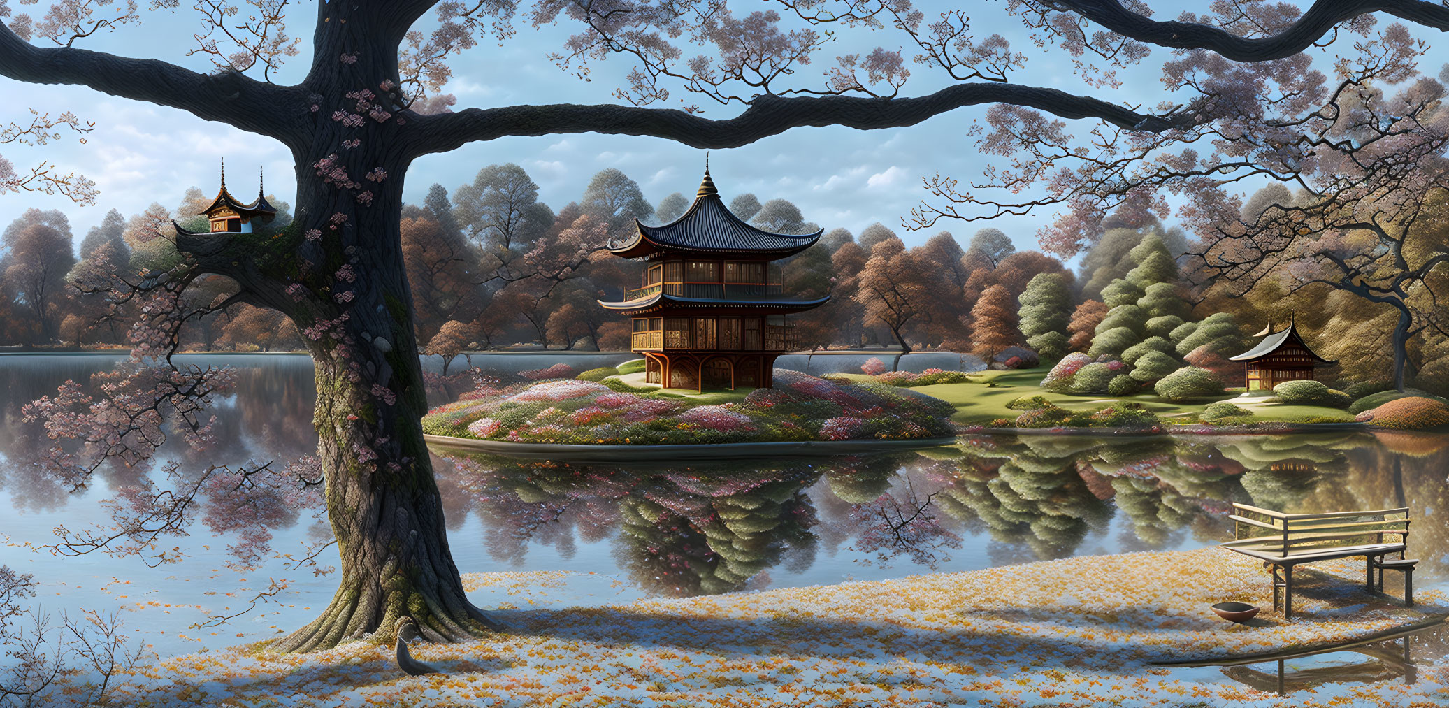 Tranquil lake scene with pagodas, cherry blossoms, and scattered petals