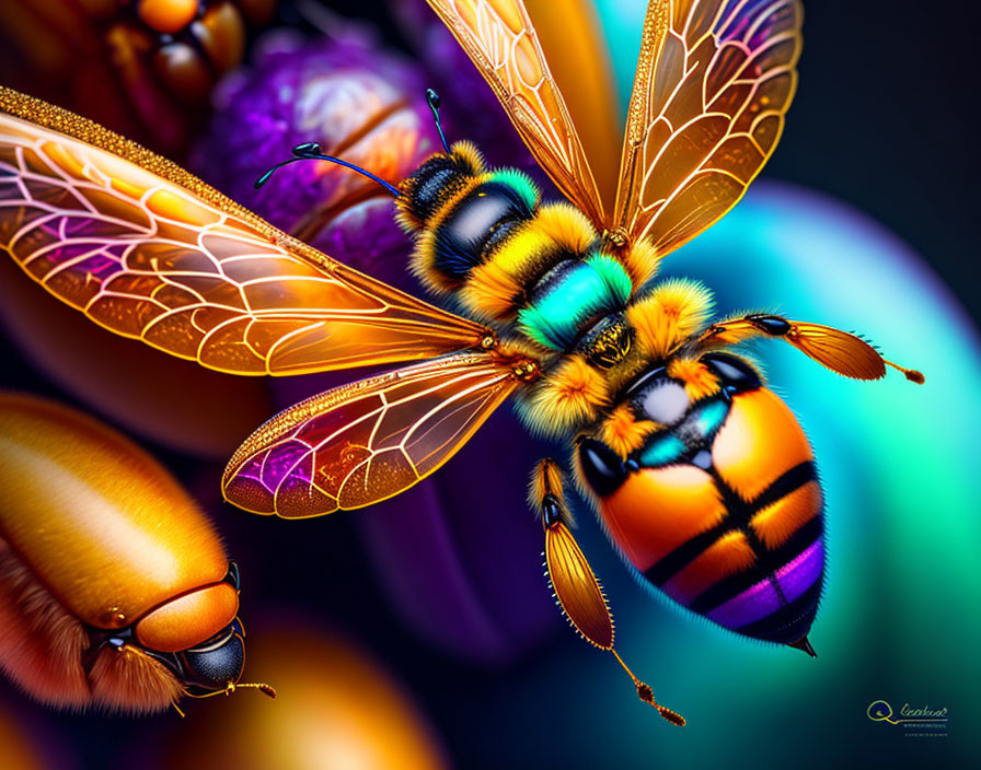 Vivid Bee Artwork with Translucent Wings and Detailed Body Patterns