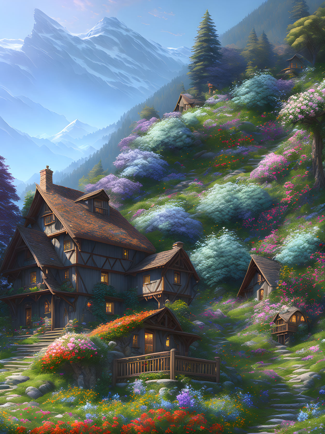 Scenic Mountain Landscape with Charming Houses and Flower-Covered Hills