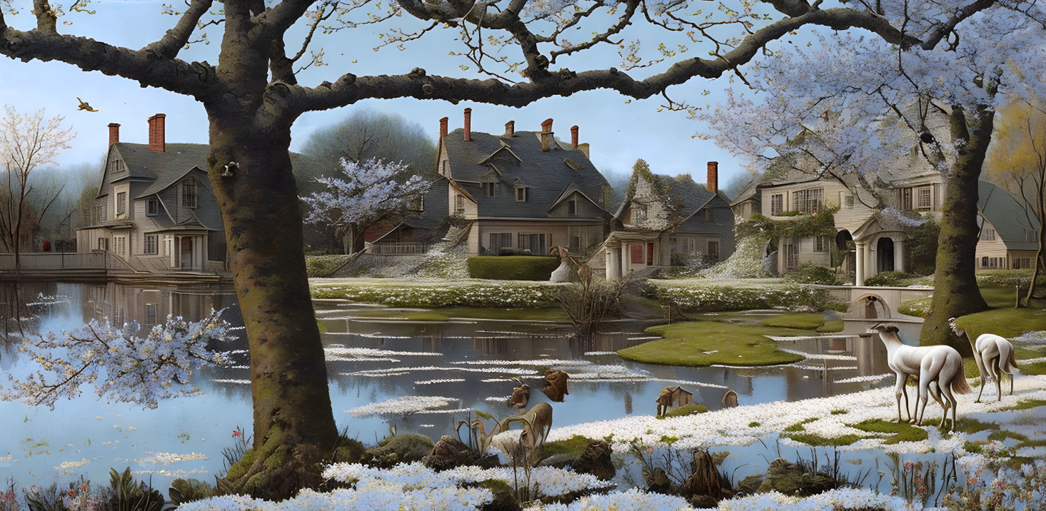 Tranquil spring landscape with cherry blossoms, houses, lake, animals, and clear sky