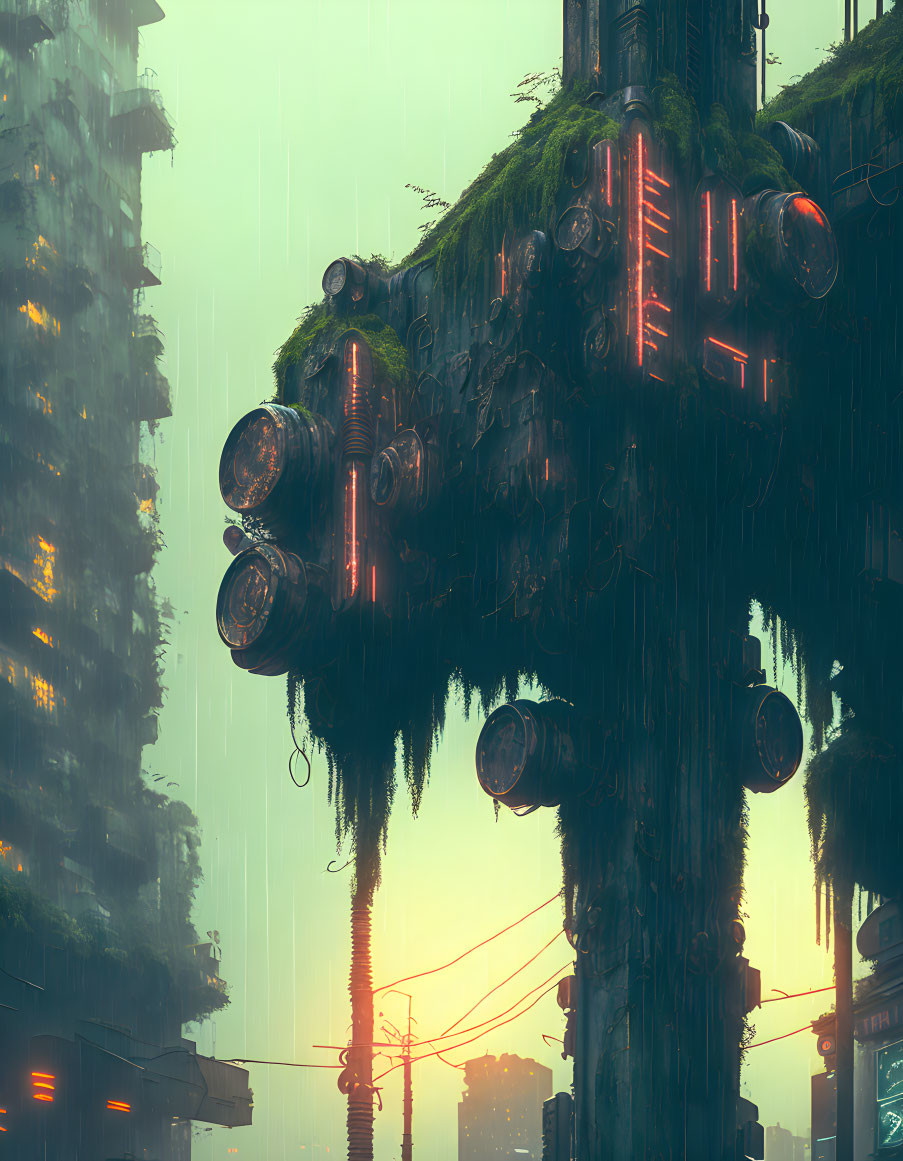 Futuristic dystopian cityscape with overgrown vegetation and neon lights