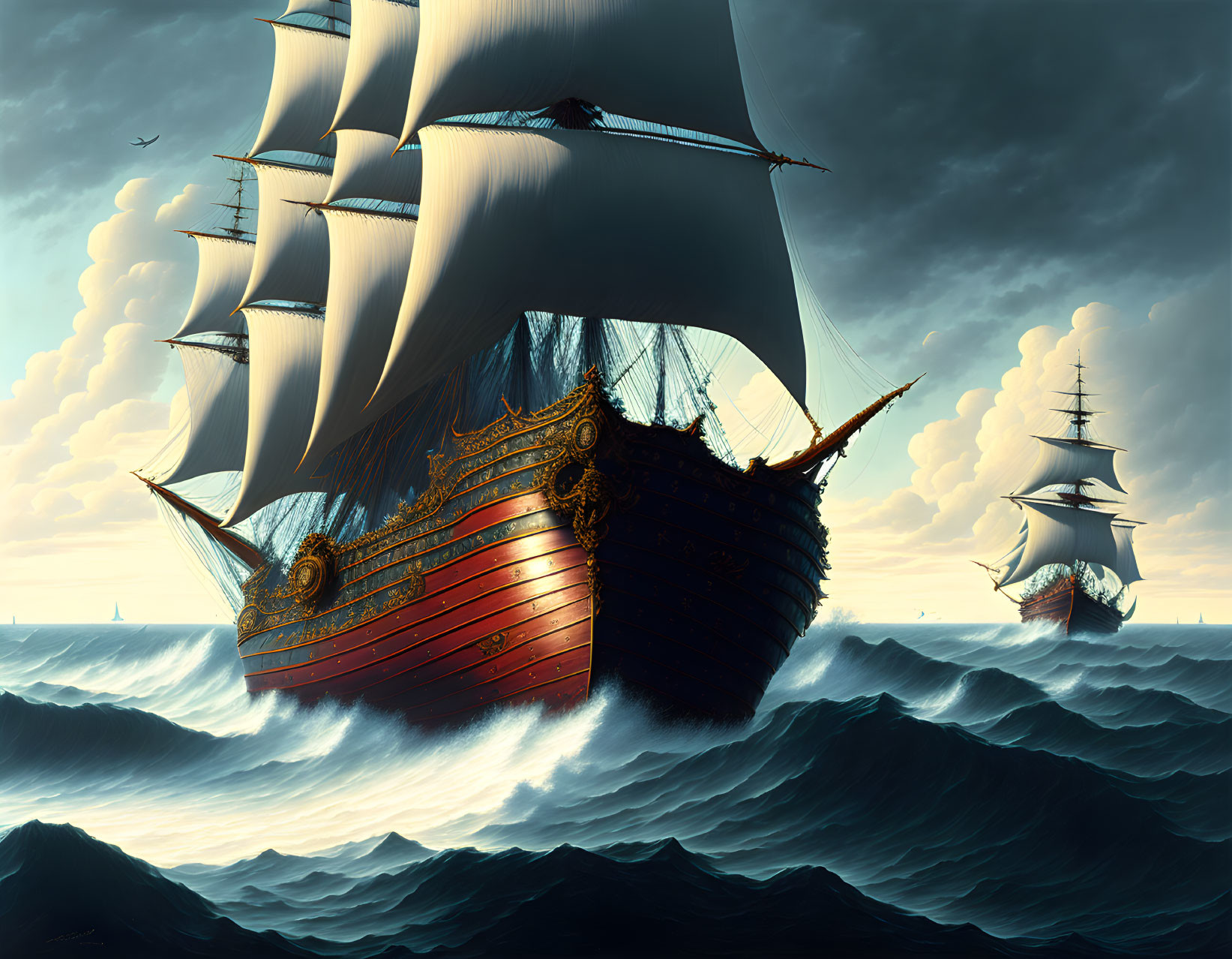 Sailing ships with billowing sails on rolling ocean waves