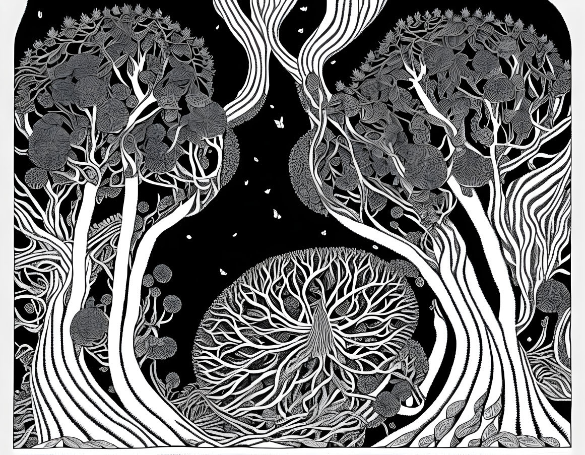 Detailed black and white surreal forest illustration with intricate tree patterns