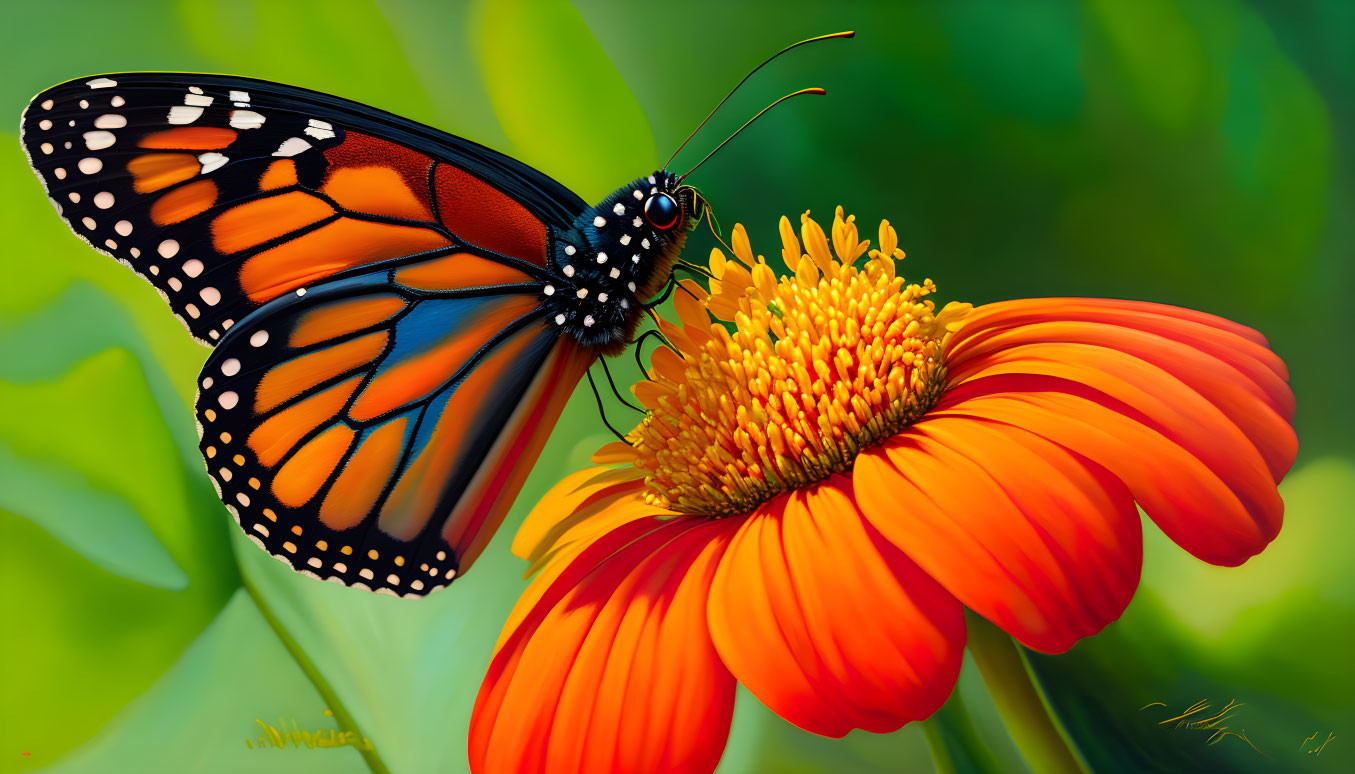 Colorful Monarch Butterfly on Orange Flower with Green Background