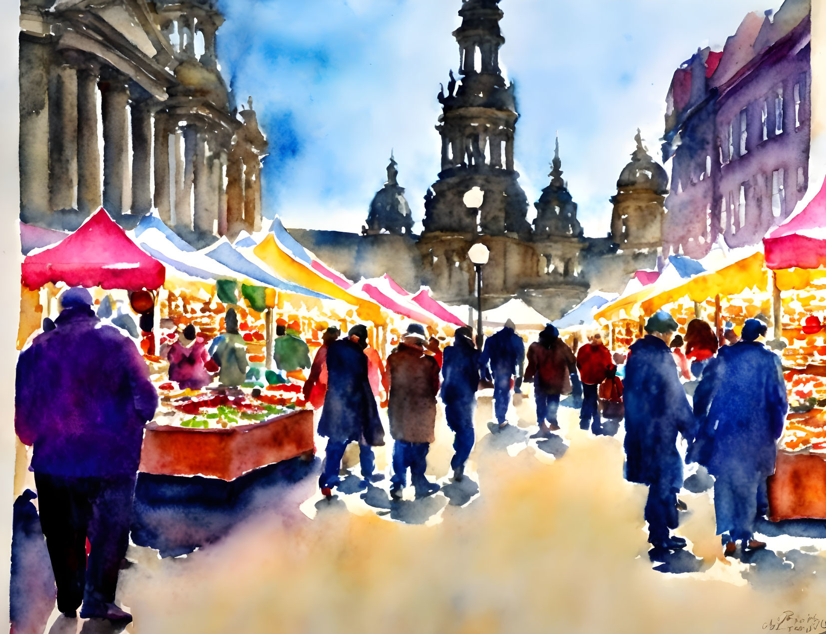 Colorful Watercolor Painting of Bustling Outdoor Market and Historic Architecture