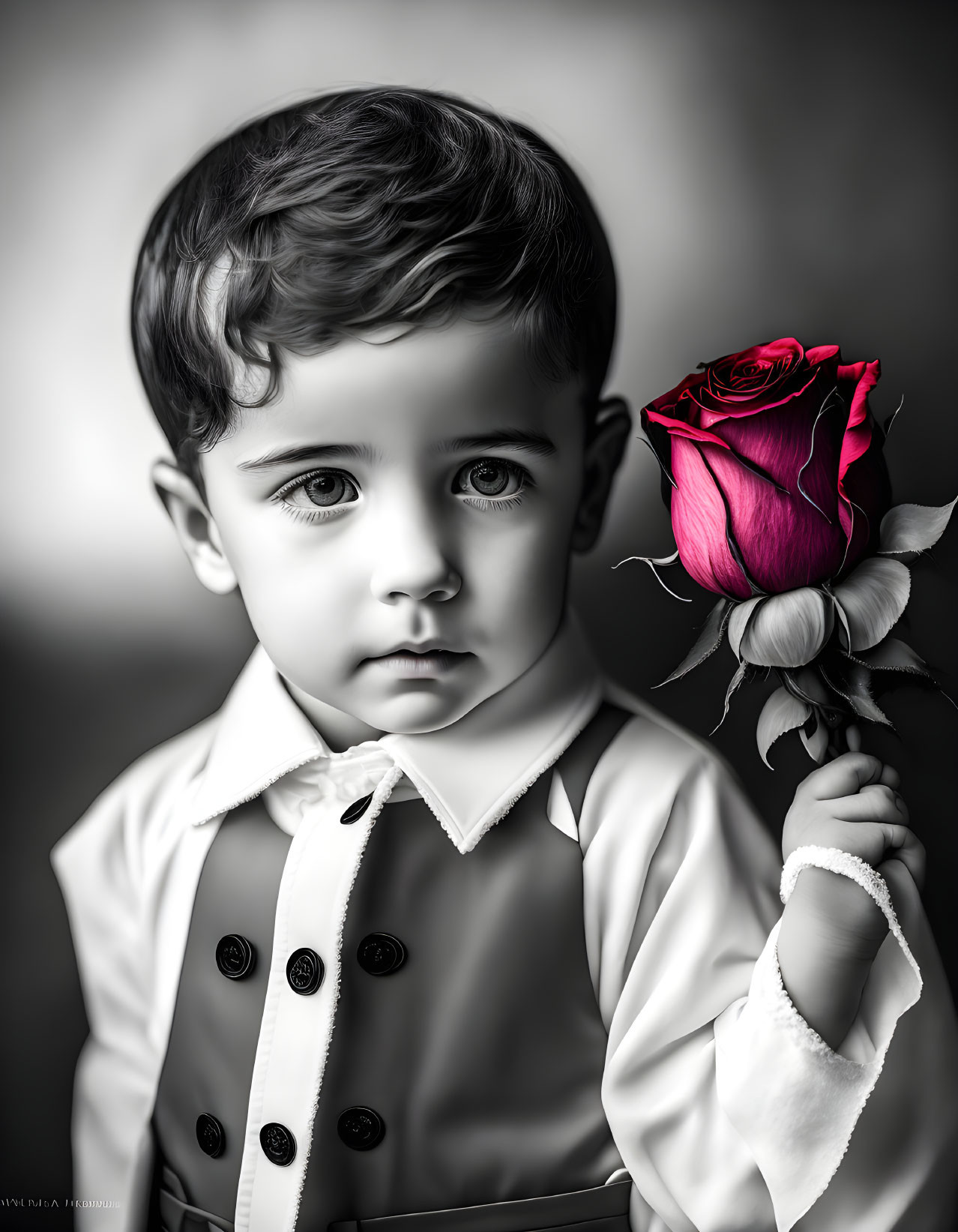 Monochrome image of child with bright eyes holding red rose