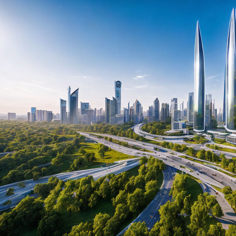 Modern cityscape with skyscrapers, parks, and roads under clear sky