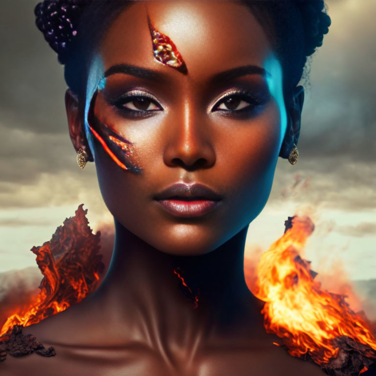 Woman with Fire and Lava Makeup: Orange Flames and Cracked Skin