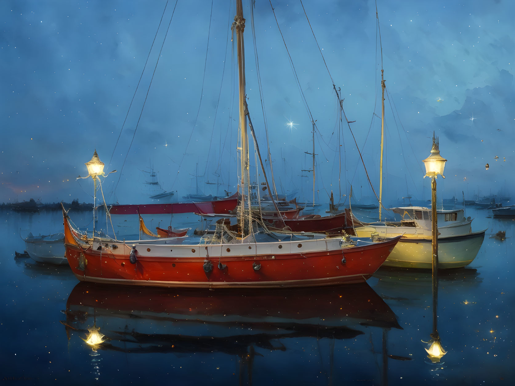 Sailboats moored under twilight sky with glowing street lamps reflecting on water