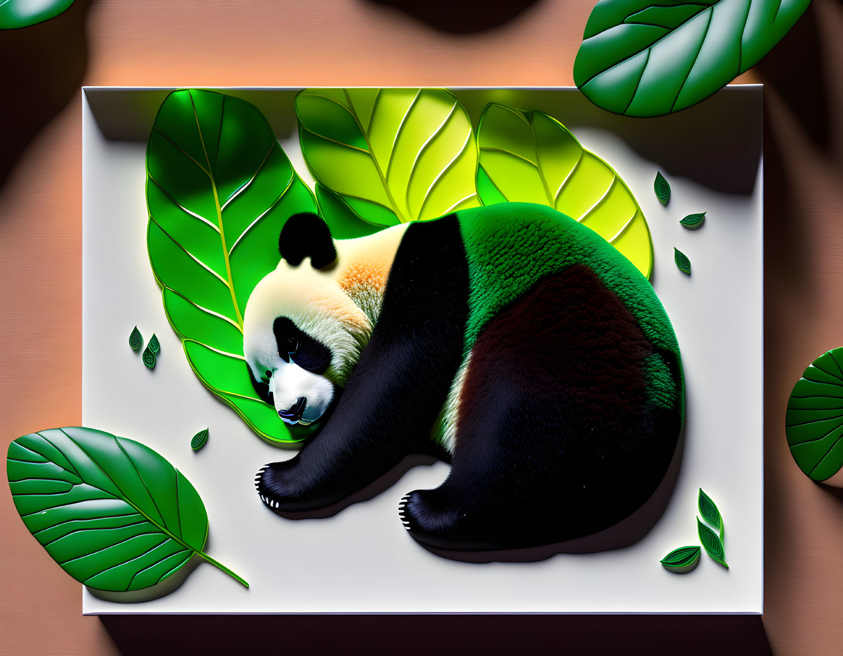 Sleeping Panda Surrounded by Green Leaves on Soft Background