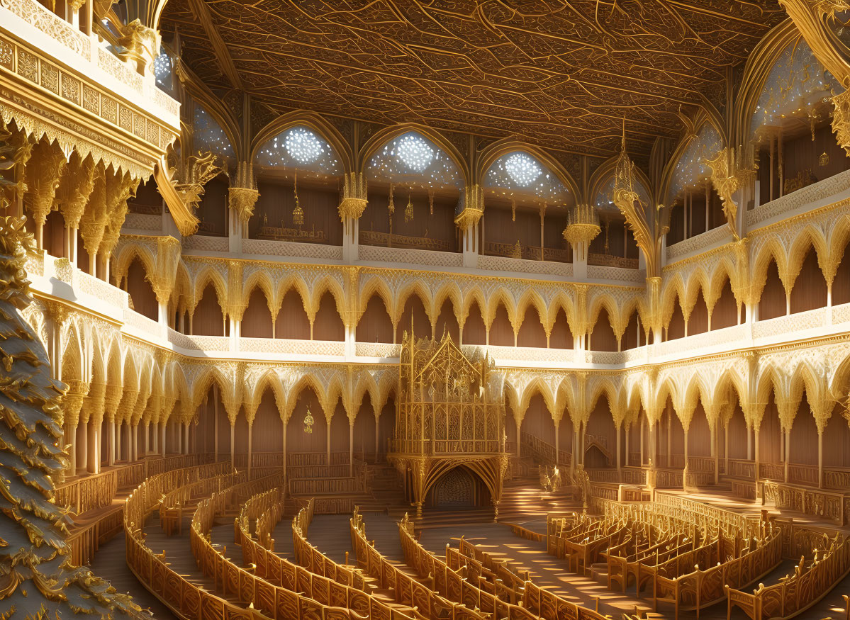 Golden Grand Hall with Elaborate Architecture & Illuminated Ceiling