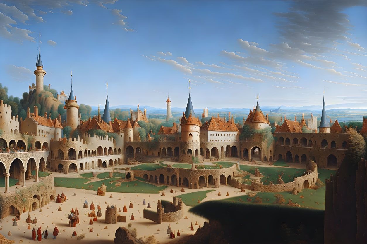 Detailed Renaissance painting of bustling walled city with castles and figures.