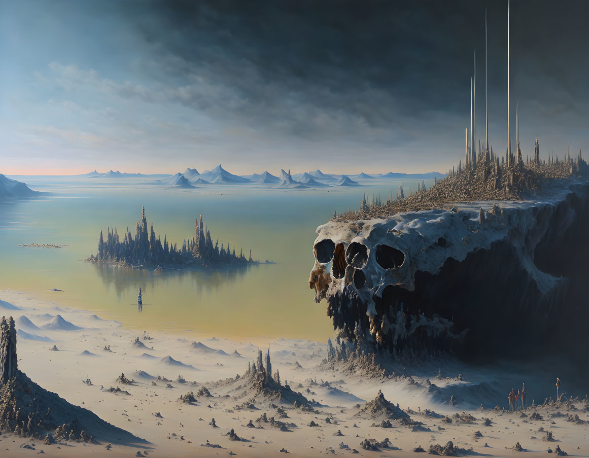 Surrealist landscape with skull-shaped mountain and icy terrain